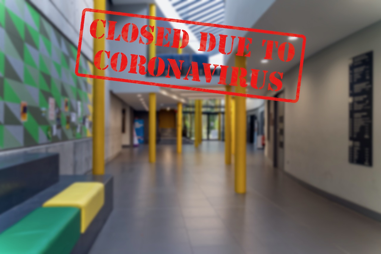 defocused-view-of-interior-entrance-of-college--empty-and-closed-due-to-coronavirus